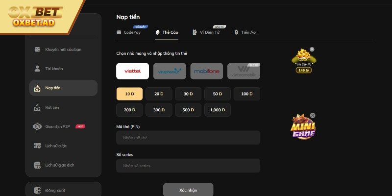 Cách nạp tiền OXBET dành cho người mới 